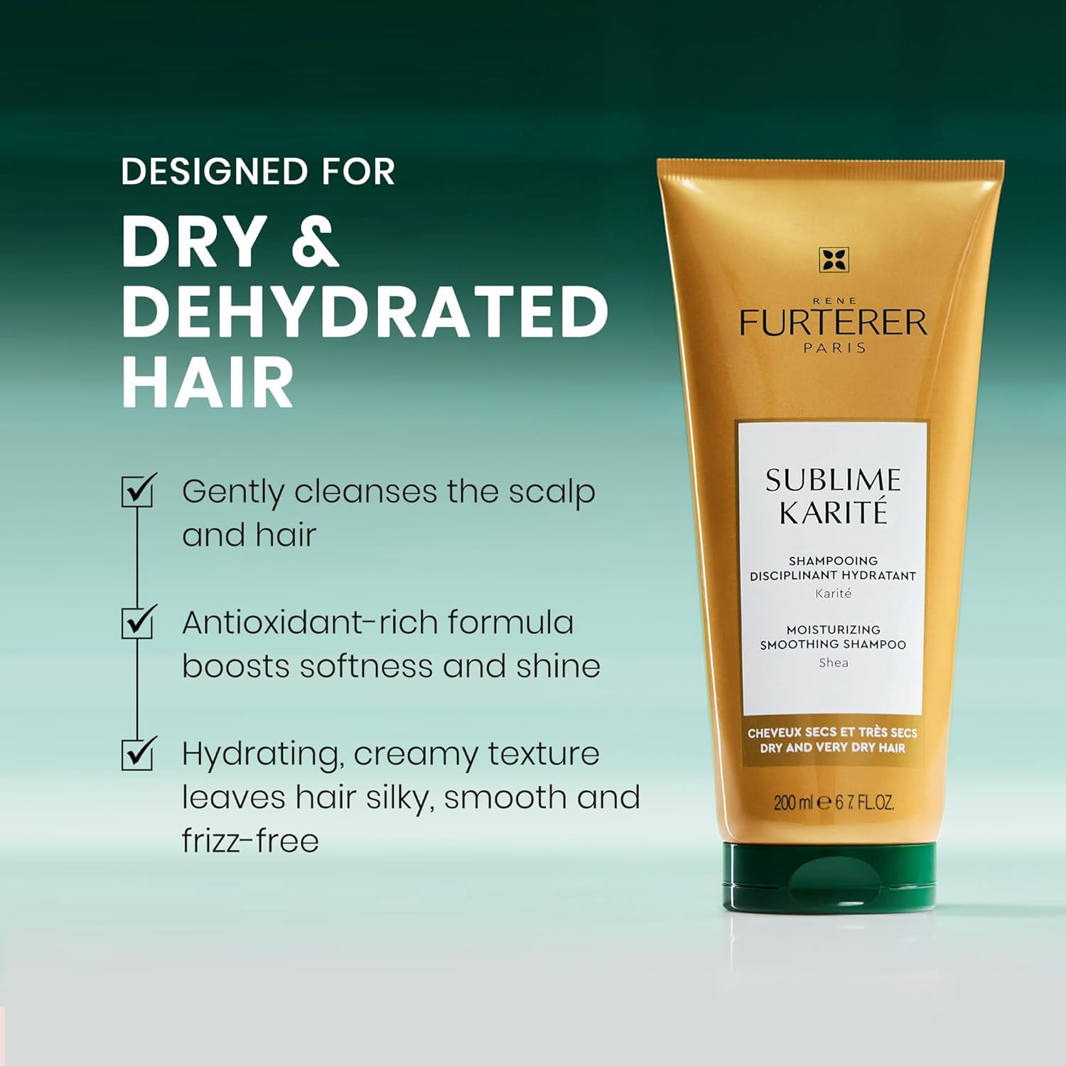 Rene Furterer Sublime Karite Moisturizing Smoothing Shampoo - Boost Softness & Shine - For Dry & Dehydrated Hair, 6.7 fl oz