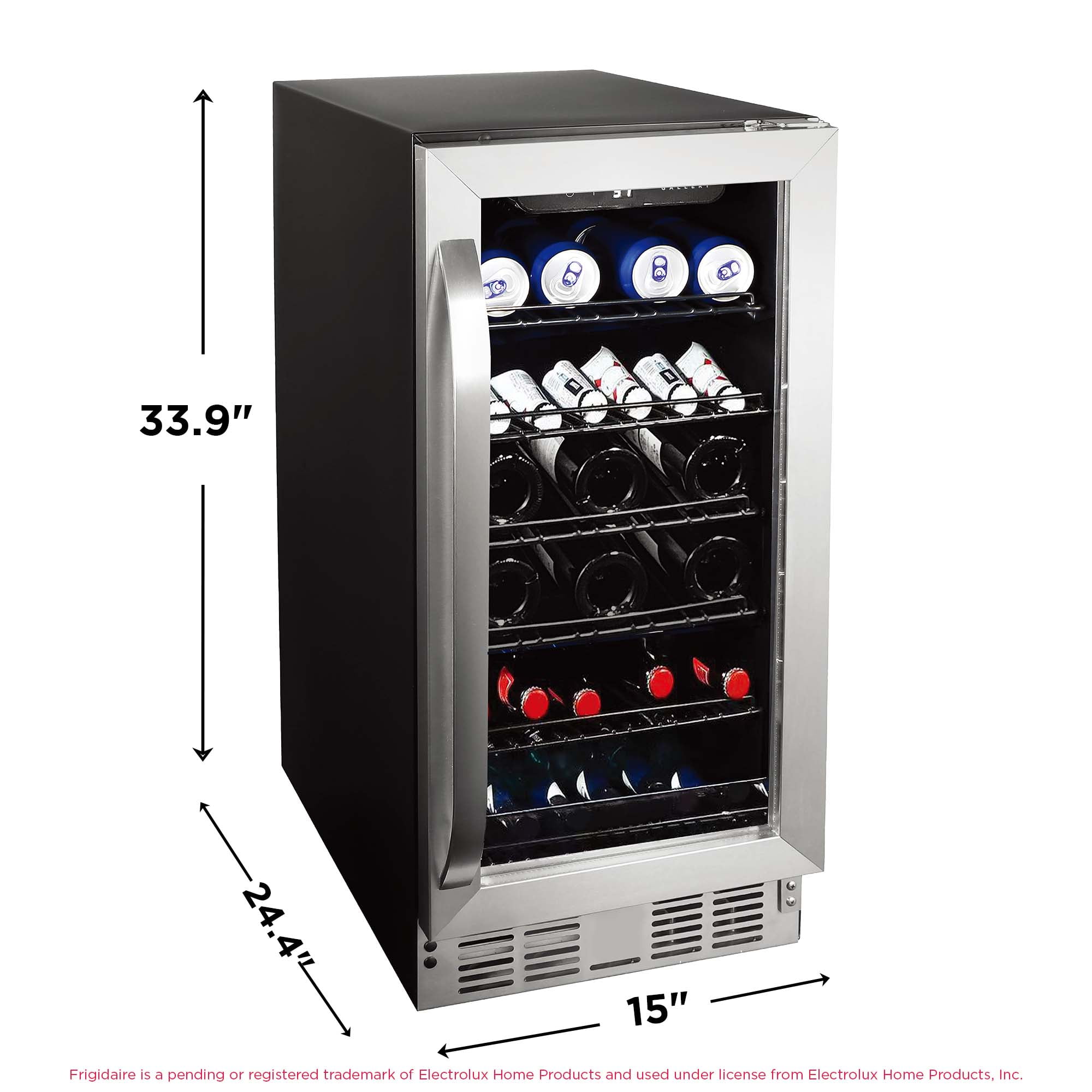 Frigidaire Gallery 15" Beverage Refrigerator with Glass Door, Holds 115 Cans or 30 Bottles, Built in or Freestanding Under Counter Beverage Fridge with LED Light