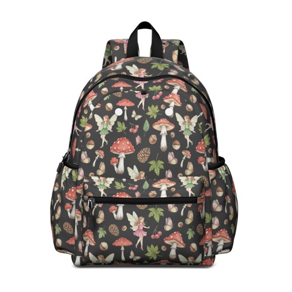 Mushroom and Fairy Black Pattern Backpack for School, Cute School Bag with Adjustable Shoulder Straps and Padded Back, 13.4"x11"x4.7"