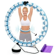 Weighted Hula Exercise Hoops Plus Size, Smart Hoola Fitness Hoop for Weight Loss, 27 Detachable Knots Pilates Circles with Spinning Ball and LCD Rotation Counter - Blue & White/Max Waist to 51"