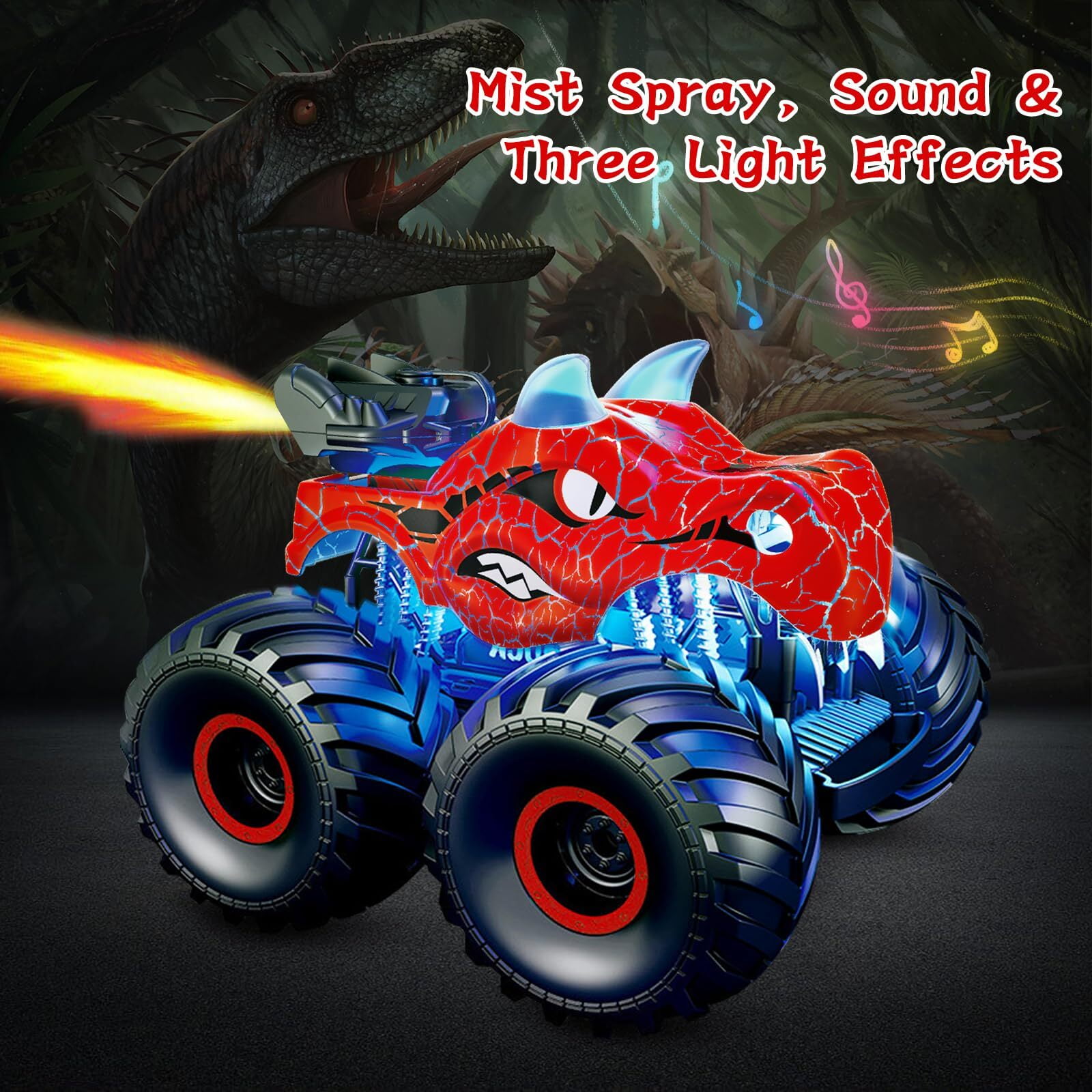 JBeeCtrl Remote Control Car 2.4GHz 360° Rotating RC Monster Trucks for Boys with Spray, Light & Sound Dinosaur Toys for Kids Boys 3 4 5 6 7 8 Christmas Birthday Gift（Red）