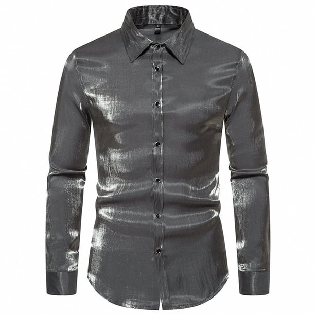 Camisas Para Hombre Manga Corta Camisa de manga larga colorida de club nocturno para hombre con solapa informal de Color sólido de un solo pecho de otoño e invierno para hombre (Grey, XL)