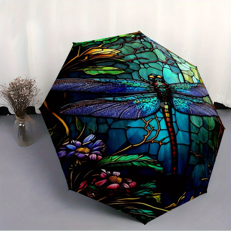 1 Dragonfly Colored Glass Pattern Umbrella - 8 Spokes, Automatic Open/Close, Windproof Portable Folding Sunshade with Vibrant Blue and Purple Dragonfly Design, D