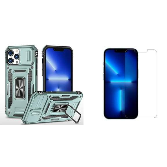 Bemz Hybrid Armor Case for iPhone 14 Pro Max (Rugged Protector with Camera Protection Cover and Rotating Ring Stand) with (2-Pack) Tempered Glass Screen Protectors - Alpine Green