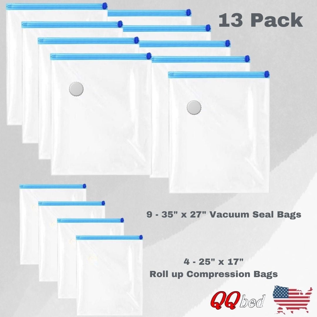 QQbed 13 PACK Clear No Color - 9 Large Vacuum Seal Space Saver Storage Bags + 4 Travel Bags