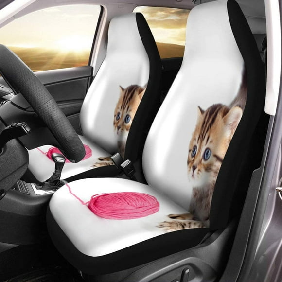 POGLIP Set of 2 Car Seat Covers Cat Tabby British Kitten Playing Red Clew Ball Pet Universal Auto Front Seats Protector Fits for Car,SUV Sedan,Truck
