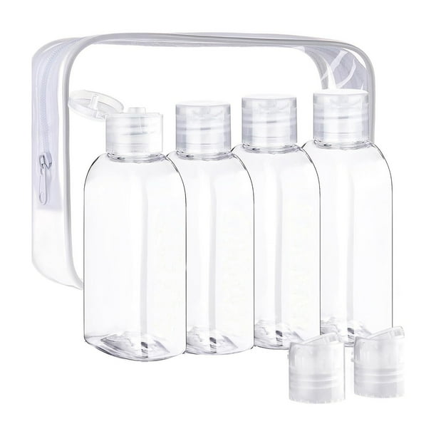 Juego de 4 botellas de viaje transparentes de 100 ml, adecuadas para artículos de aseo, portátiles, recargables, a prueba de fugas, accesorios de viaje, champú, acondicionador, tónico.