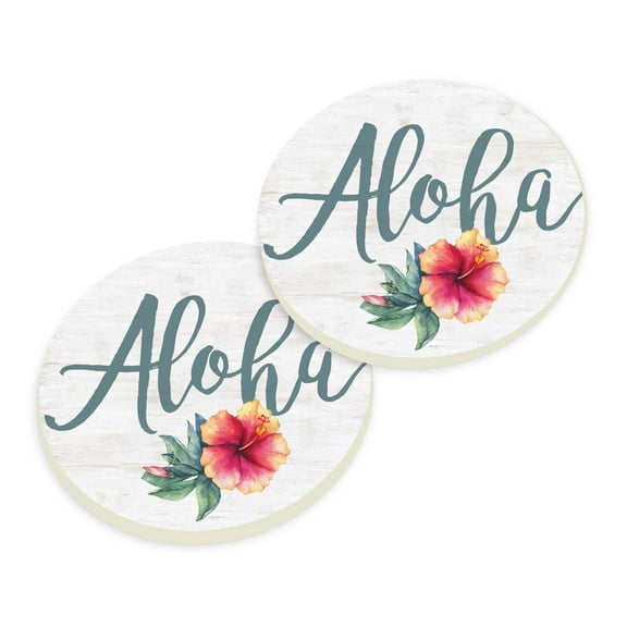 Aloha Flower Floral White 2.75 x 2.75 Absorbent Ceramic Car Coasters Pack of 2