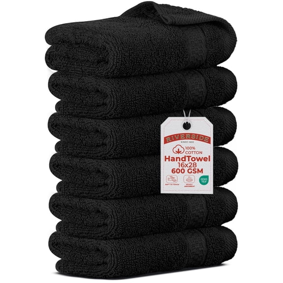 RIVERSIDE Hand Towel 6 Pack 16x28 Soft and Quick Dry Cotton Towels for Home Gym & Spa - Black