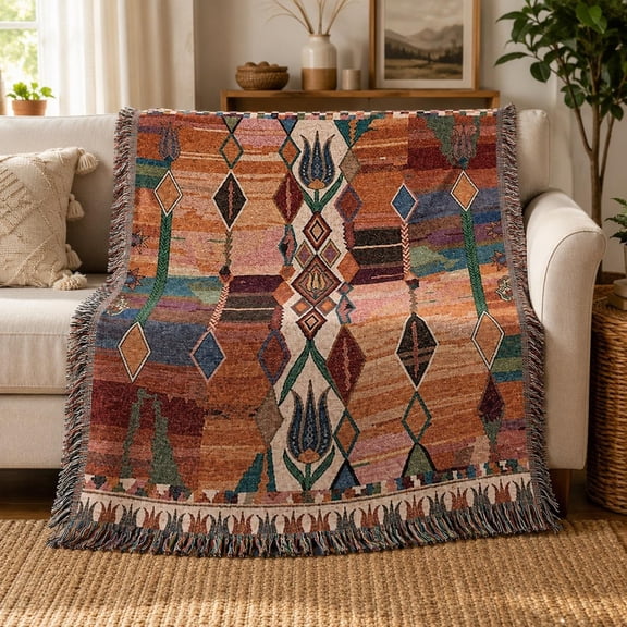 Earthy Multicolor Geometric Botanical Woven Blanket, 100% Cotton, Bohemian Style for Living Room or Bedroom