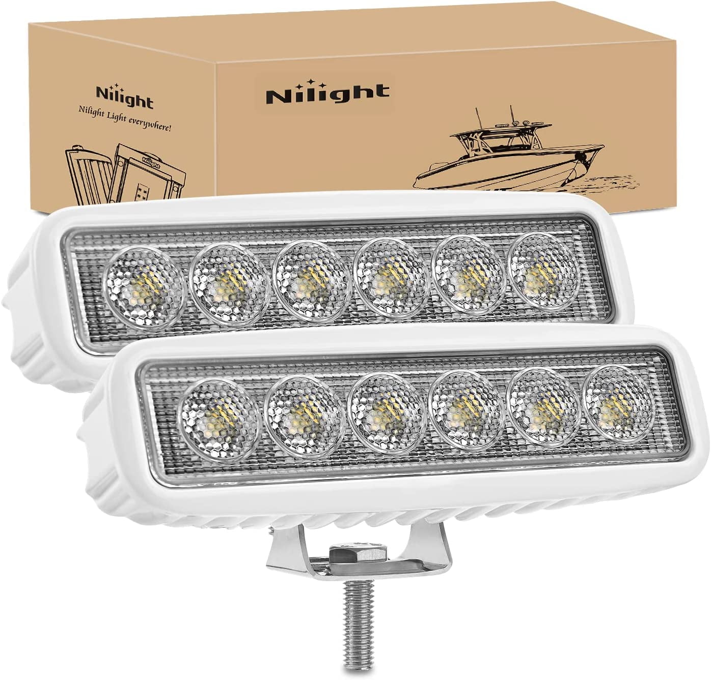 Nilight Marine Led Light Bar 2PCS 18w White 150° Flood Beams Ponton Boat Deck Dock Lights IP67