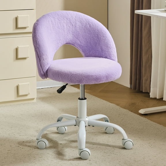 Ktaxon Vanity Makeup Chair Comfy Cute Accent Chair Small Swivel Task Office Chair with Wheels Faux Rabbit Hair Purple
