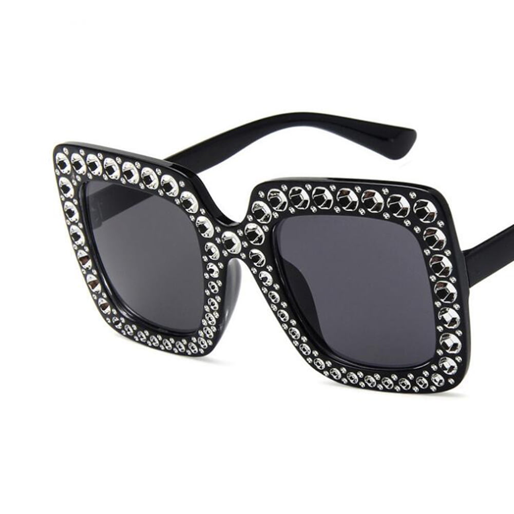 Metermall Women Fashion Large Square Frame Bling Rhinestone Sunglasses Bright Black Gray Lens