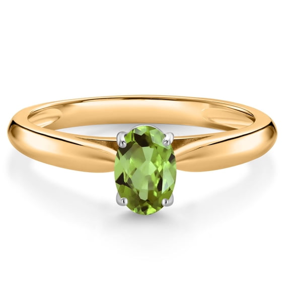 Gem Stone King 0.50 Ct Oval Green Peridot 10K Yellow and White Gold Solitaire Engagement Ring (Size 8)