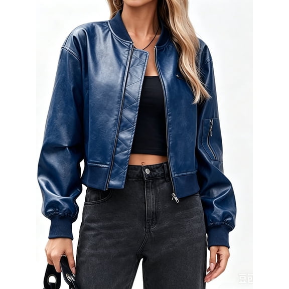 Womens Faux Leather Bomber Jackets Baseball Collar Zip Up Cropped Biker Coat with Pockets