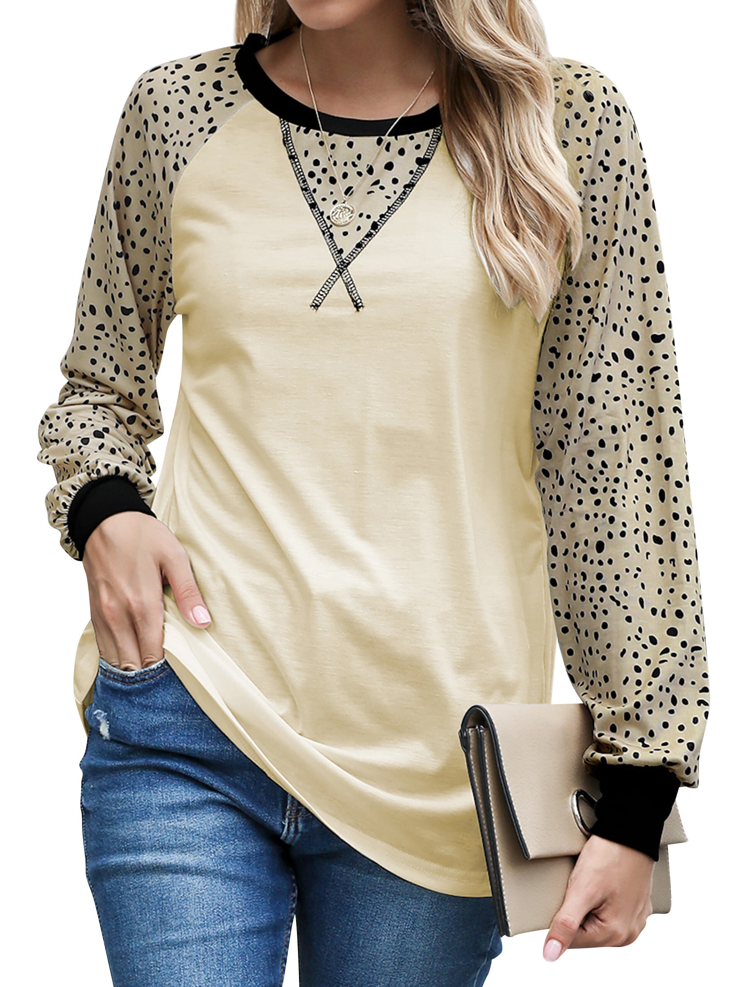 ZXZY Women Leopard Printed Colorblock Crew Neck Long Sleeves Pullover Top