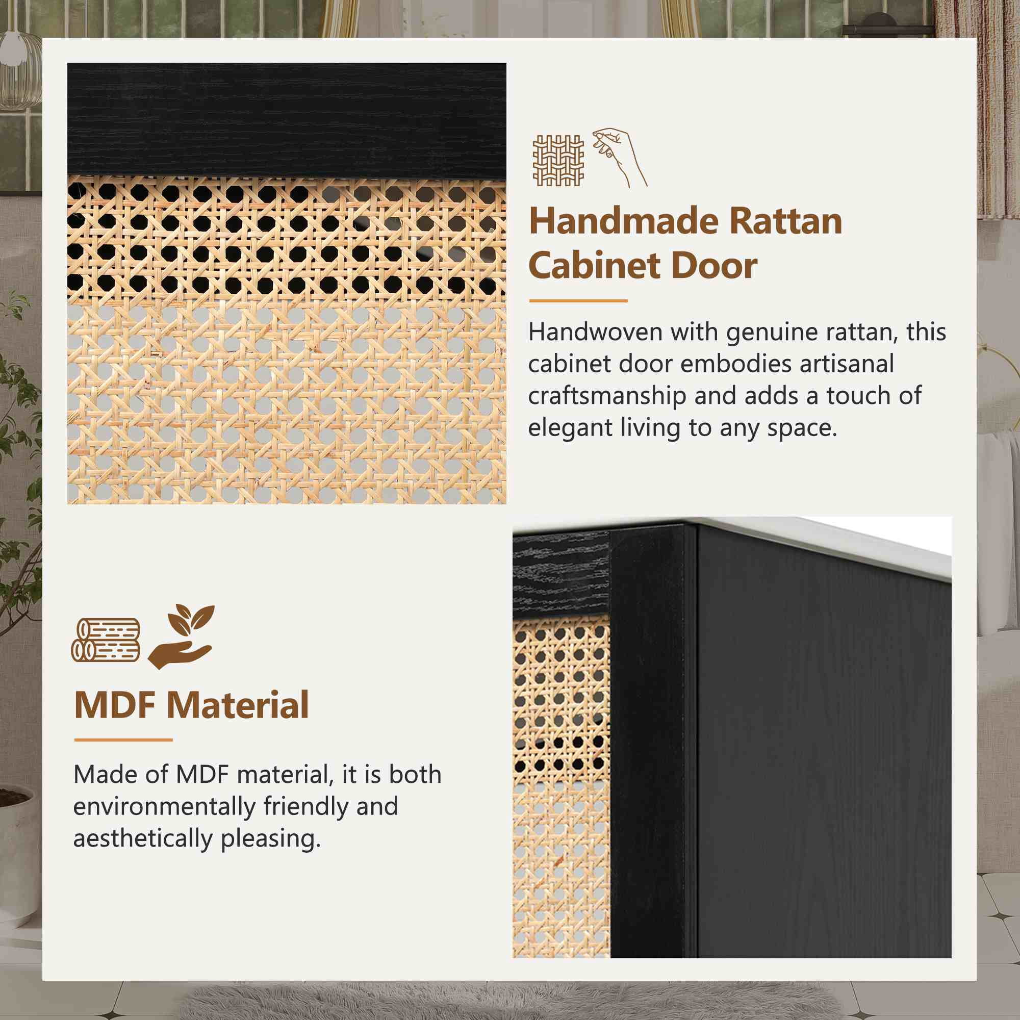 viswild 30" Bathroom Vanity with Handwoven Rattan Doors, Soft Close Ceramic Sink, Gold Accents - Solid Bamboo for Small Spaces, Black