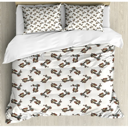 3 Piece Scooter - Motorcycle King Size Duvet Cover Set, Retro Style Hand Drawn Deep Deck Scooters Leather Seat, Decorative 3 Piece Bedding Set with 2 Pillow Shams, Almond Green Pale Caramel Peach, by Ambesonne