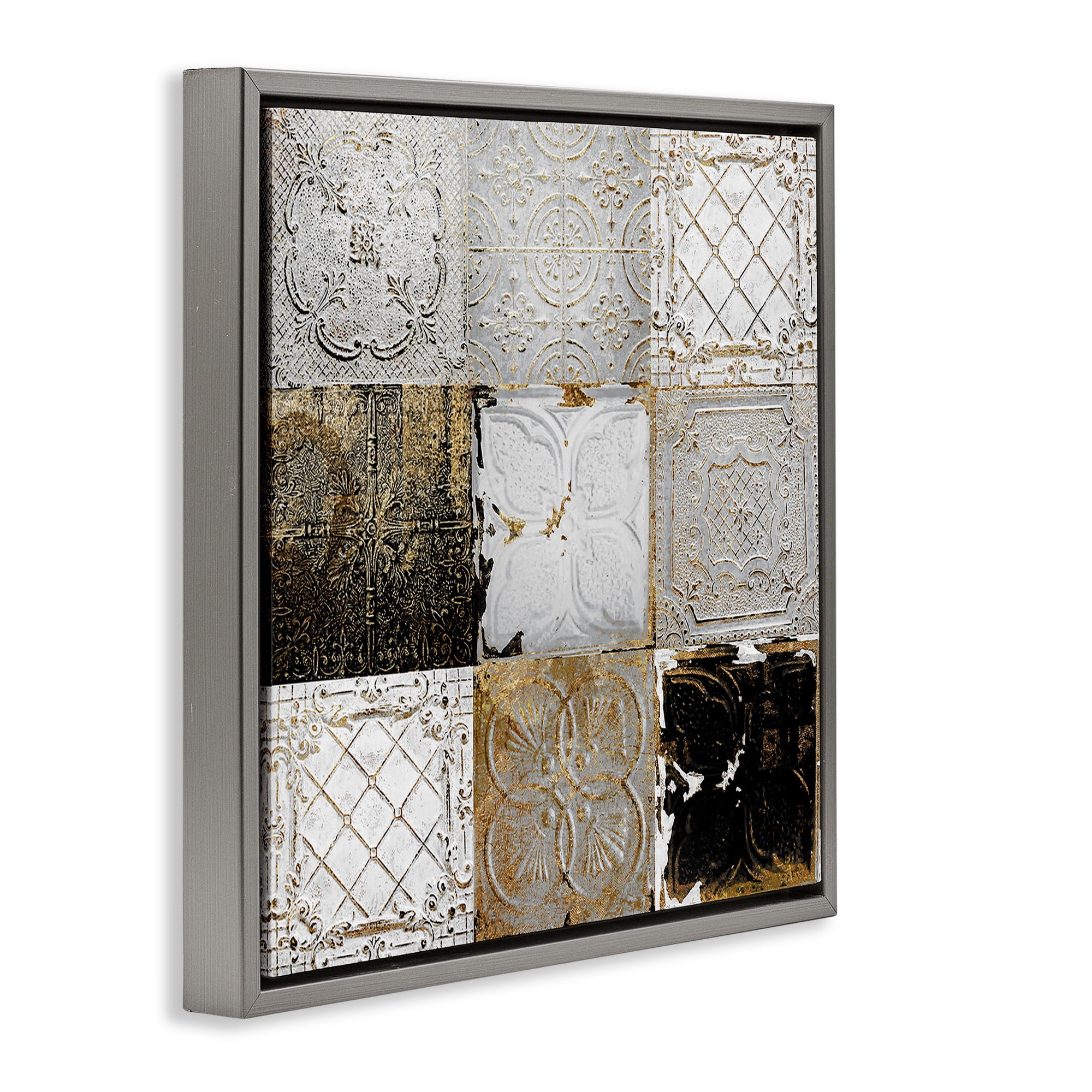 Stupell Industries Antique Ceiling Tile Collage Botanical & Floral Photography Gray Floater Framed Canvas Art Print Wall Art, 18 x 18
