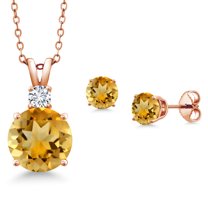 Gem Stone King 18K Rose Gold Plated Silver Round Yellow Citrine and G-H Lab Grown Diamond Pendant and Earrings Jewelry Set for Women (5.14 Cttw, Gemstone Birthstone, with 18 inch Chain)