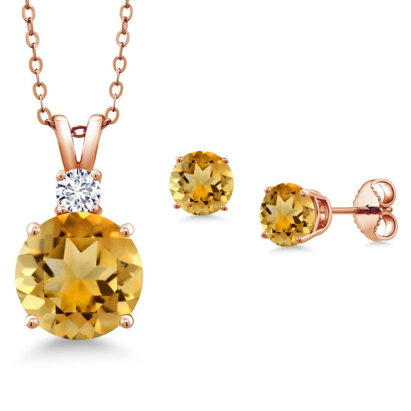 Gem Stone King 18K Rose Gold Plated Silver Round Yellow Citrine and G-H Lab Grown Diamond Pendant and Earrings Jewelry Set for Women (5.14 Cttw, Gemstone Birthstone, with 18 inch Chain)