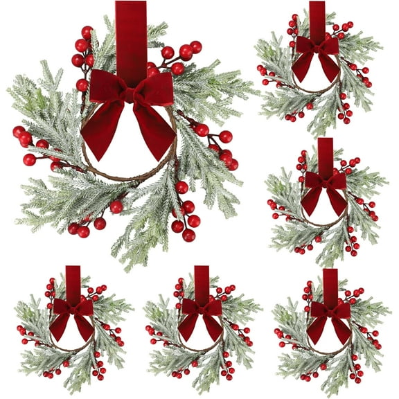 Guvpev 6 Pcs Mini Christmas Wreath 12" Christmas Kitchen Cabinet Wreaths with Red Bow Artificial Berry Norfolk Pine Hanging Wreath for Xmas Holiday Front Door Window Wall Home Party Decorations