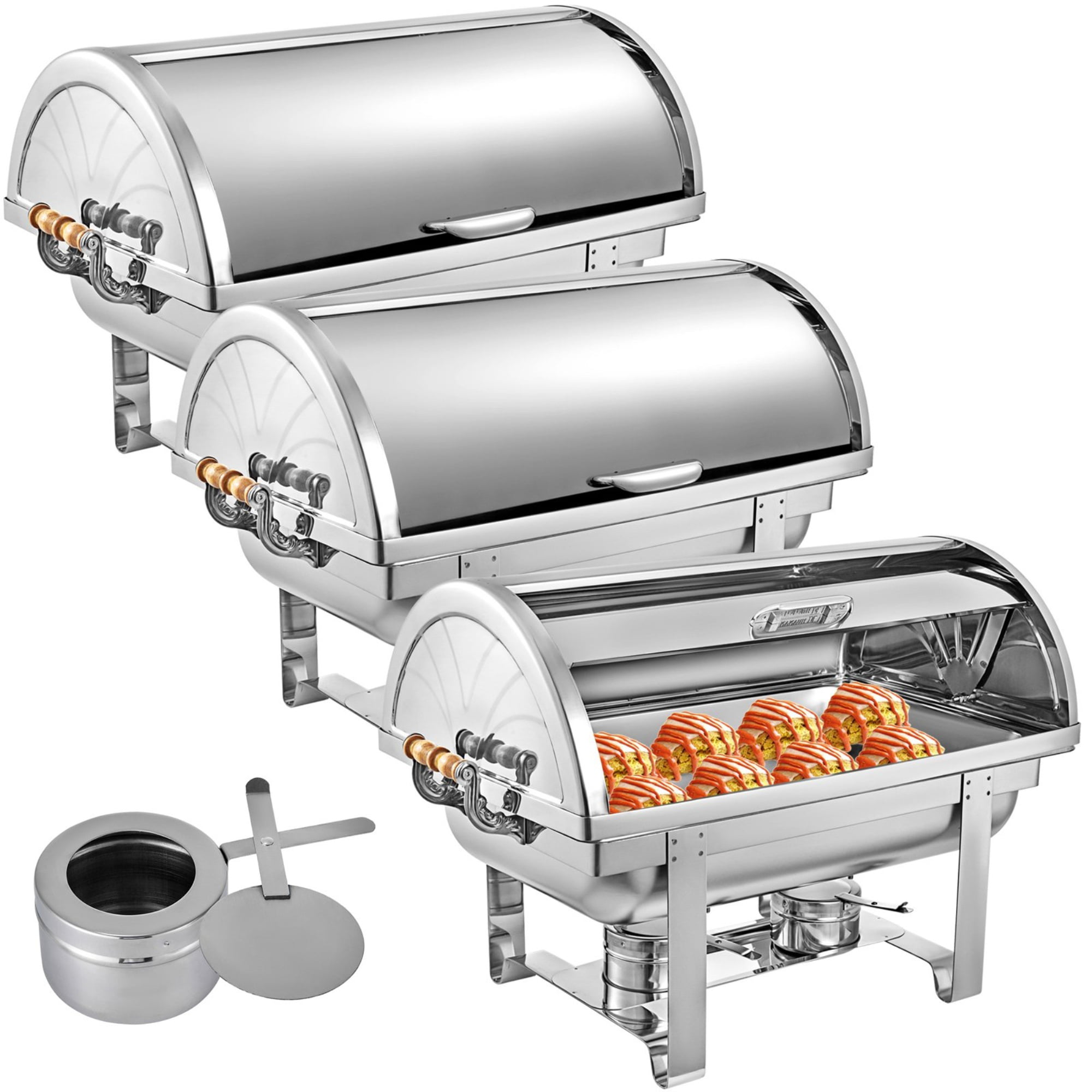 3 Packs Chafing Dish Roll Top Chafer 8 Qt Stainless Steel With handles Full Size 