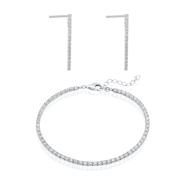 Mercie Sterling Silver Rhodium Plated Silver Tennis Bracelet and Earring Set, Cubic Zirconia Jewellery for Women