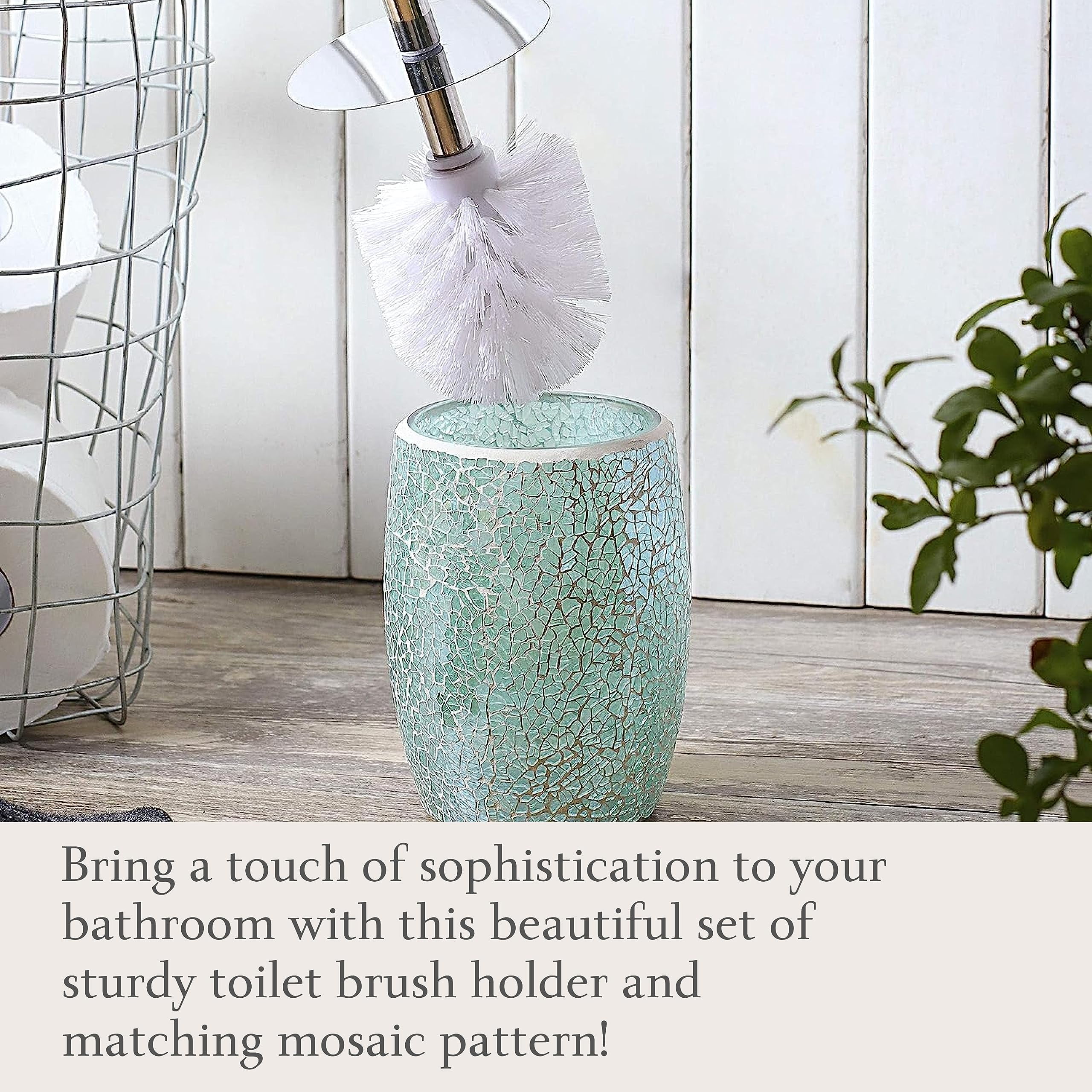 WHOLE HOUSEWARES Modern Toilet Brush Set, Turquoise (1 Glass Mosaic Bathroom Accessory)