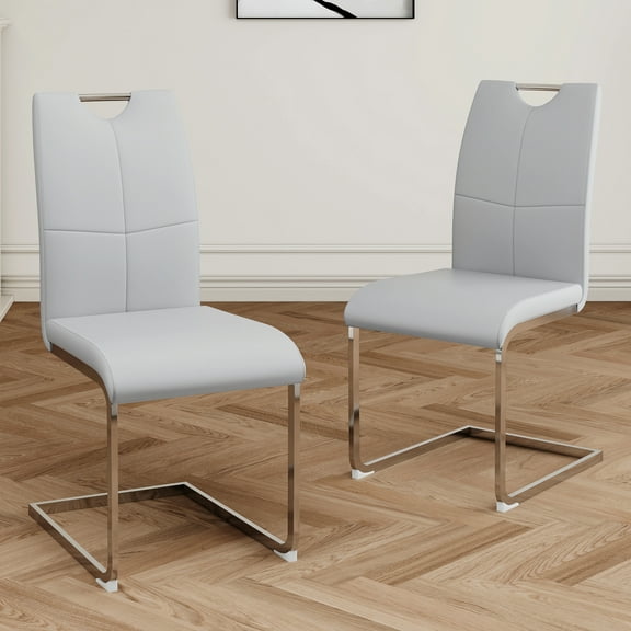 Upholstered Chair Of 2, Faux Leather Padded Seat, Metal Legs, Grey silver, For Kitchen, Living, Bedroom, Dining Room, Construction Chairs