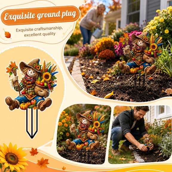 11.8" Autumn Scarecrow Yard Stake, Sitting Harvest Figurine with Pumpkin & Sunflower Basket, Fall Outdoor Decor for Pathway & Patio