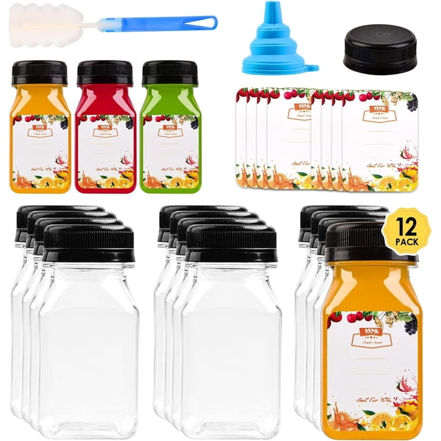 Baomifa-12 Pcs Mini Bouteilles de Jus en Plastique 4oz avec Bouchons pour Jus & Smoothies, Bouteilles Vides Réutilisables Transparentes avec Étiquette, Entonnoir et Brosse, Contenants de Boisson en Vrac avec Couvercles pour Mini Réfrigérateur