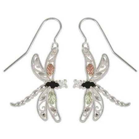 Blacks Hills Gold CZ and Onyx Sterling Silver Dragonfly Drop Earrings