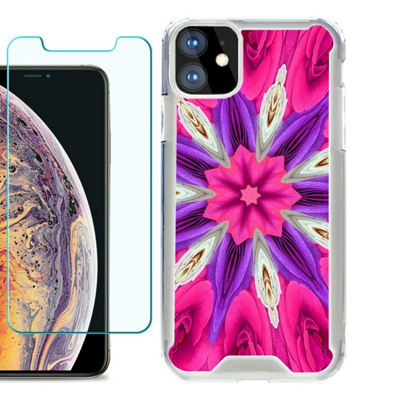 For Apple iPhone 11 Case, Hybrid Bumper Phone Case, with Tempered Glass Screen Protector, by OneToughShield ® - Kaleidoscope Rose
