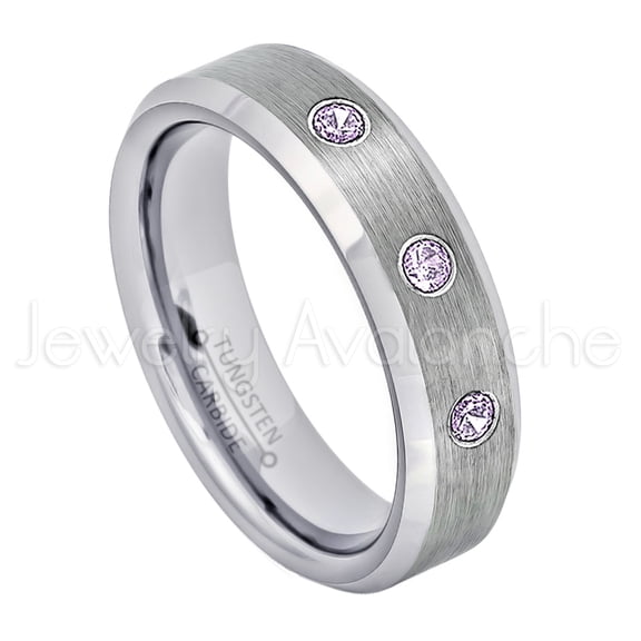 6mm Ladies Beveled Tungsten Ring - 0.21ctw Amethyst 3-stone Band - Personalized Tungsten Wedding Ring - Custom Made February Birthstone Ring TN038BS