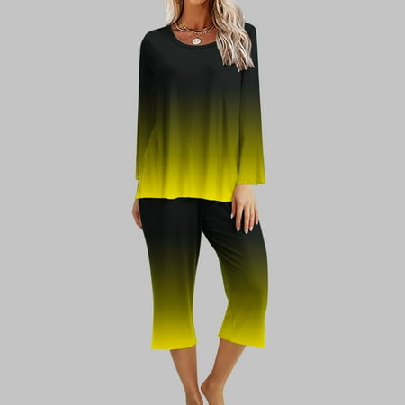 

Jalioing 7 Point Sleepwear Suits for Women Pullover Top Capri Pajama Pant Colorblocked Lounge Nightshirt Sets (Large Yellow)