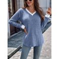 thumbnail image 5 of Women V Neck Color Block Long Sleeve Shirts-Casual Fall Light-Weight Tunic Sweaters Fashion Outfits Colorful Blue L, 5 of 8