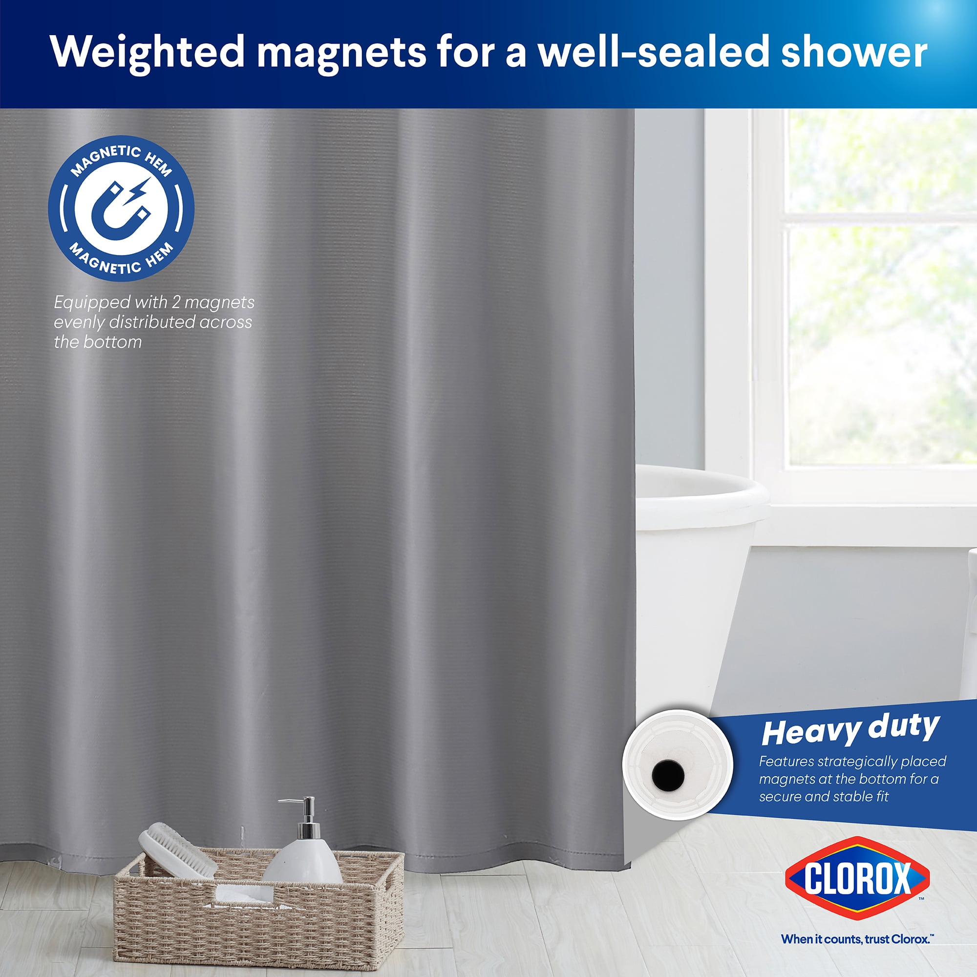 Clorox Waterproof Fabric Shower Curtain, Durable Fabric, Weighted Magnets - Gray, 72" x 72"
