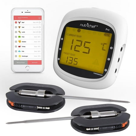NutriChef PWIRBBQ80 - Smart Bluetooth BBQ Grill Thermometer - Upgraded Stainless Dual Probes Safe to Leave in Outdoor Barbecue Meat Smoker - Wireless Remote Alert iOS Android Phone WiFi