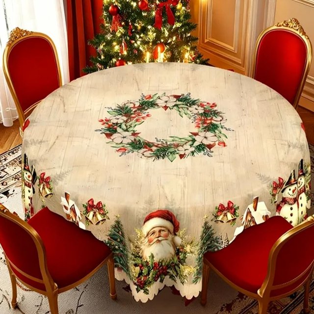 Christmas Tablecloth for Decor, 2025 Upgraded Round Rectangular Christmas Table Cloth, Xmas Holiday Dining Table Cover for Family Gatherings Winter Party Decorations (White, Round)