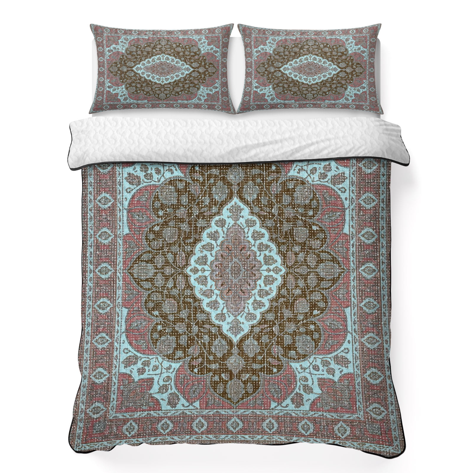Boho Flower 3 Piece Quilt Bedding Set with 2 Pillow Shams Pink Teal Bohemia Geometric Tribal Ethnic Lightweight Bedspread Coverlet Soft Breathable All Season Quilt 90 x 96 Inch