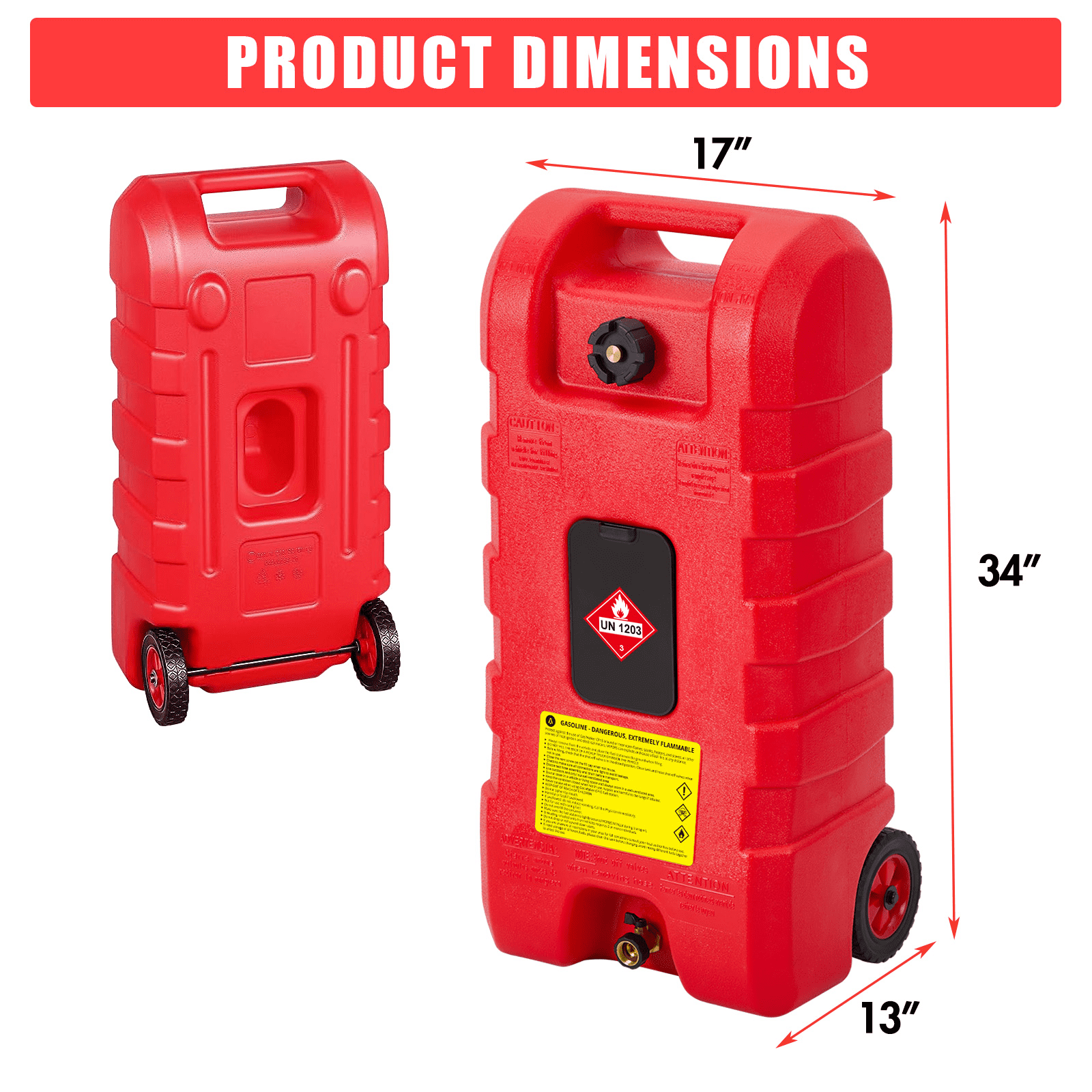 JoanKaren Industrial Portable Fuel Tank 15 Gallon Container Caddy Tank with 10-Foot Hose,Wheeled Utility Transfer Tank,Red