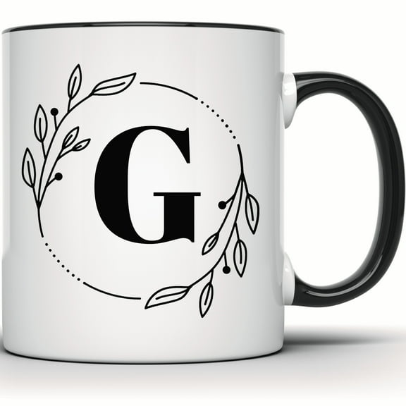 Floral Initial G Mug - Botanical Monogram Coffee & Tea Cup - Personalized Gift for Her - 11 Ounce Black Rim Handle Novelty Coffee Cup - WMUG0357-Black Rim