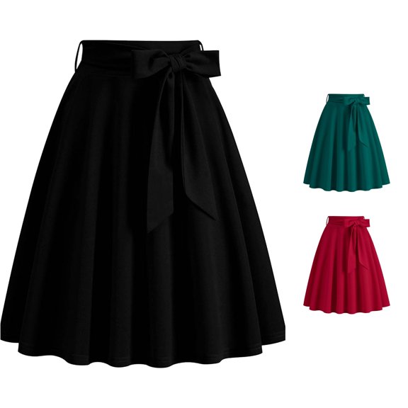 Wxolcjlv Women's Solid Swing Midi Skirt Tie Bow Waist Office Dating Midi Skirts