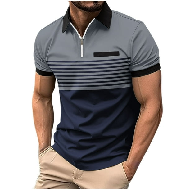Ceisia Men's Color-Blocked Striped Zip-Up Short Sleeve Polo Shirt Casual Summer Top Gray L Gifts