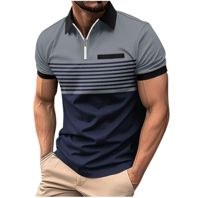 Ceisia Men's Color-Blocked Striped Zip-Up Short Sleeve Polo Shirt Casual Summer Top Gray XL Gifts