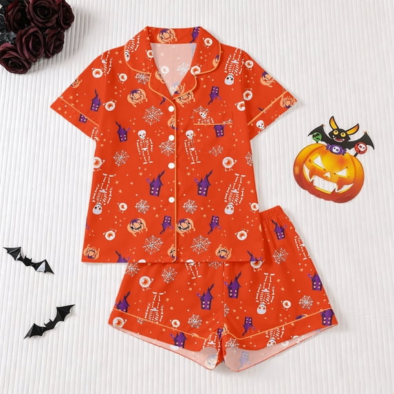 Tisuna Halloween Pajamas Set For Kids Girls Comfort Fit Skeleton Print Short Sleeve Tops And Shorts Sleepwear Toddler And Teens Children Festival Party Homewear Set Size 3-4 Years Red