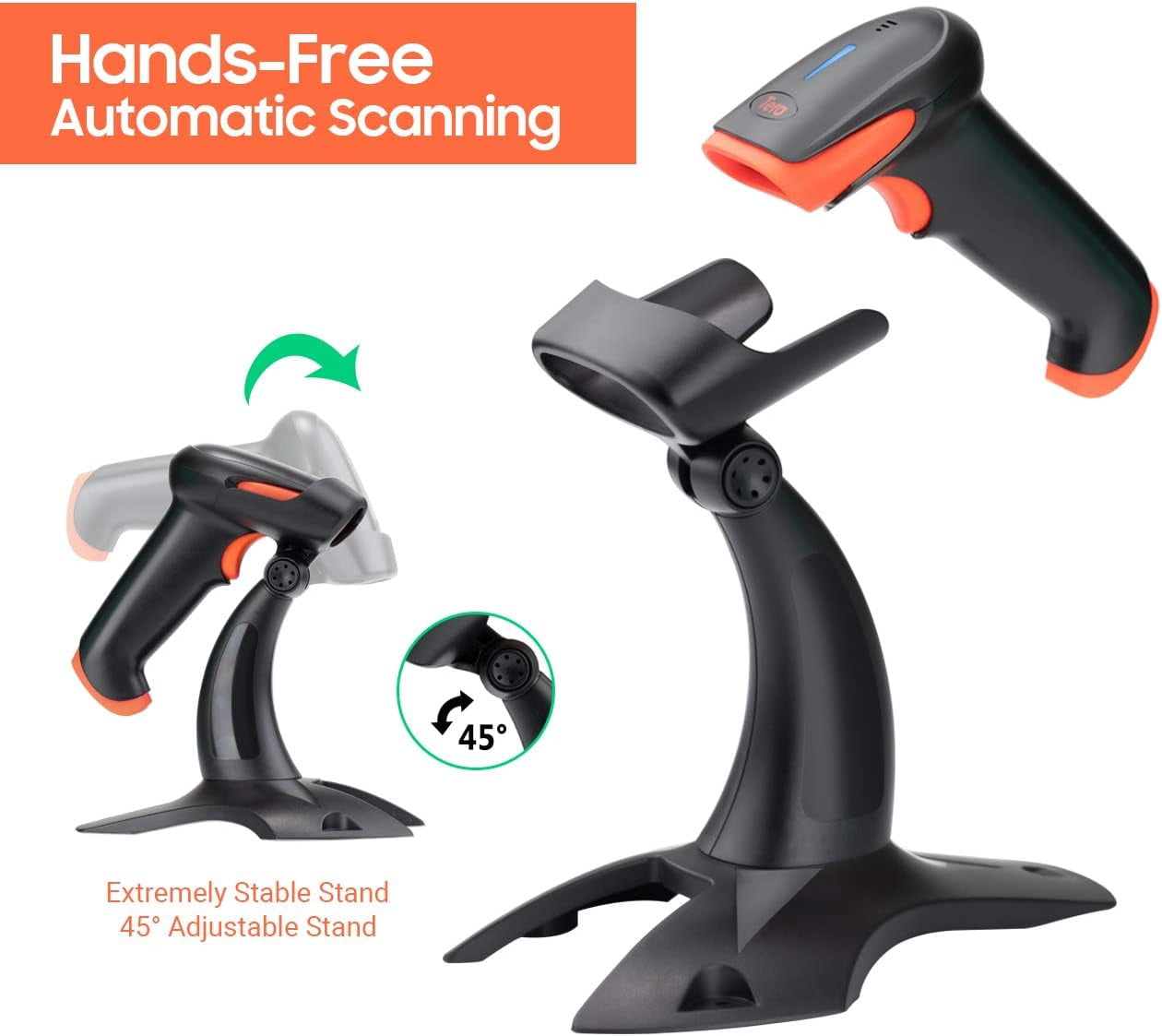 Wireless 2D QR Barcode Scanner with Stand, 3 in 1 Compatible with Bluetooth & 2.4GHz Wireless & USB Wired Barcode Reader Handheld Bar Code Reader HW0001