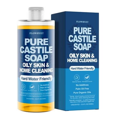 Pure Castile Soap Liquid Unscented 32 fl oz, Organic Body Wash，Bath Soap Castile Liquid, Hard Water Friendly for Sensitive & Oily Skin for Body，Face, Hand, Multi-Purpose Home Cleaner