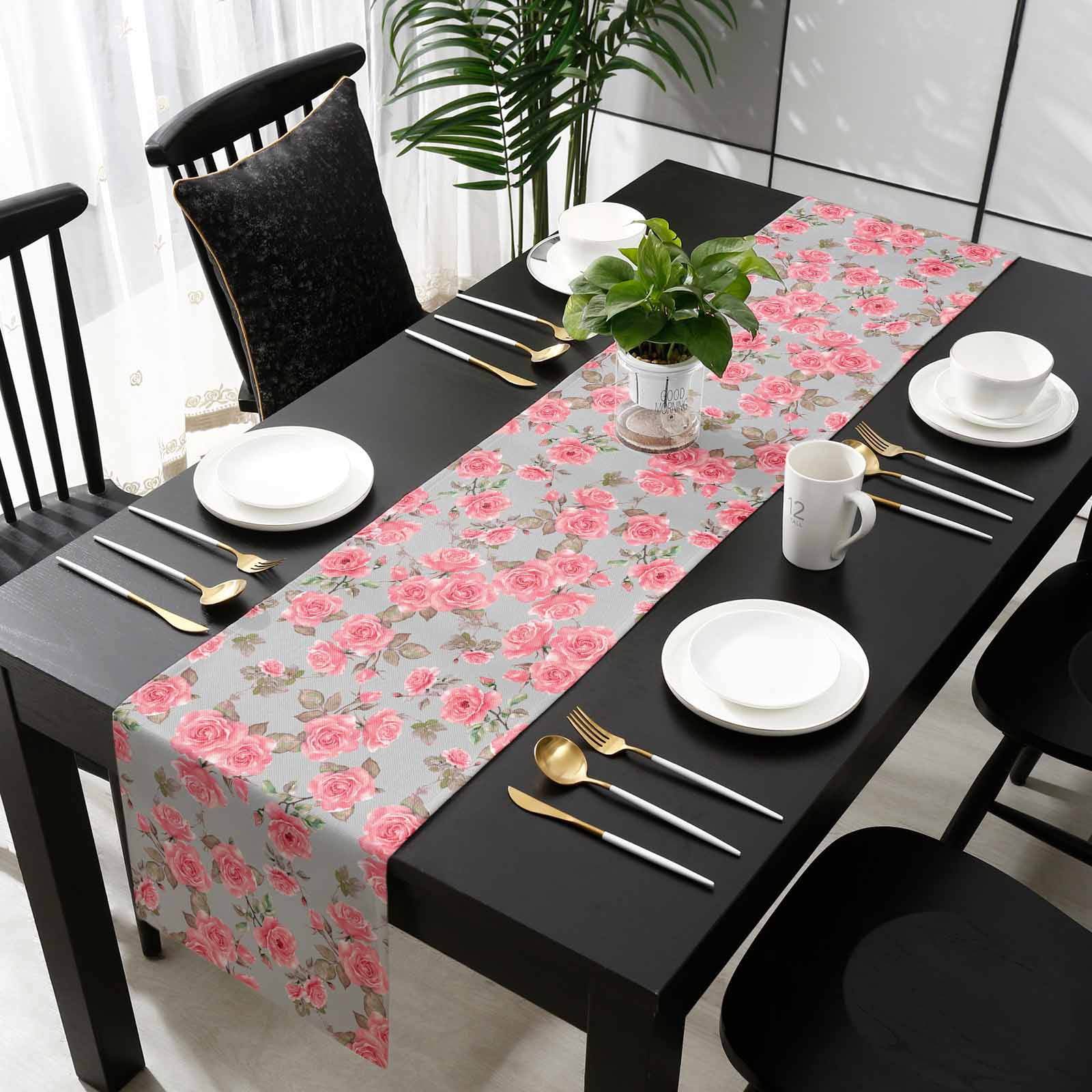 Red Floral Table Runner Cotton Linen 60 Inch Holiday Dresser Scarves, Farmhouse Garden Flowers Botanical Tablerunner for Kitchen Coffee Dining Bedroom Home Living Room Dinner Scarf Décor 13''x60''